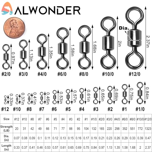 Alwonder Fishing Barrel Swivels, 40 to100-Pack Swivels Fishing Tackle Freshwater Saltwater Swivel Rolling Swivel Heavy Duty Stainless Steel Lures Leaders Line Connectors Terminal Tackle - size: #2/0(165LB)-80 Pack