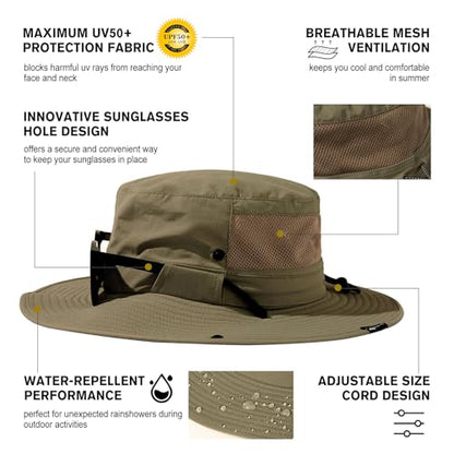 TOP-EX UVCoolix™ UV Protection Mens Sun Hat with Cooling Neck Flap Sunglass Lock Wide Brim Fishing Hats - color: Army Green, size: Medium-Large