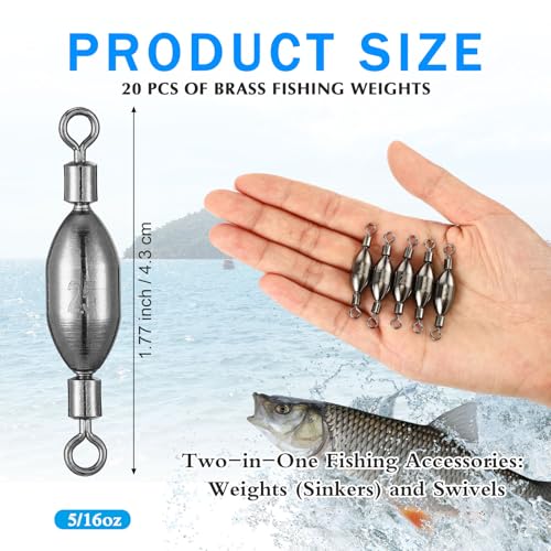 Seenelling 20 Pcs Brass Fishing Sinker Swivel Fishing Weights Saltwater Bullet Sinkers Drop Shot Weight Egg Sinkers with Swivel Rolling Removable Freshwater - size: 5/16 oz