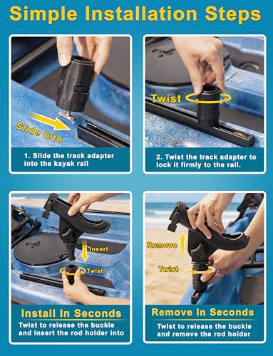 Huntury Kayak Track Fishing Rod Holder with Twist-to-Lock Adapter, 360 Degree Adjustable Track Adapter, Compatible with Spinning, Baitcasting, Kayak Fishing Accessories(Pack of 1) - color: Rod Holder - 1 Pack