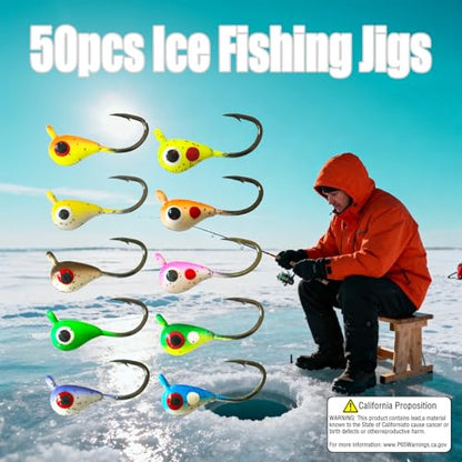 Ice Fishing Jigs Set, 50Pcs Jig Heads for Ice Fishing Lure for Crappie Trout Perch Sunfish Panfish Walleye Pike