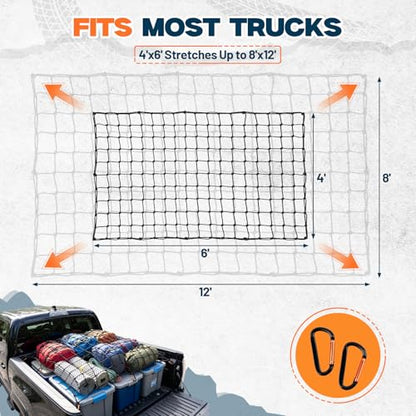 4' x 6' Cargo Net (Stretches to 8'x12') with 12 Metal Carabiners | 4" x 4" Mesh, Bungee Truck Bed Net, Large Items Organizer Accessory for Pickup Trucks, RVs, and Cargo Storage