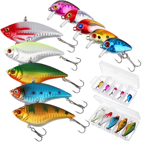 Skylety 10 Pieces Mini Fishing Lures Fishing Hard Baits Hooks Crankbaits Lures Baits Topwater Strong Sound for More Bites Freshwater Saltwater Trout Bass Perch with Box - style: Fish