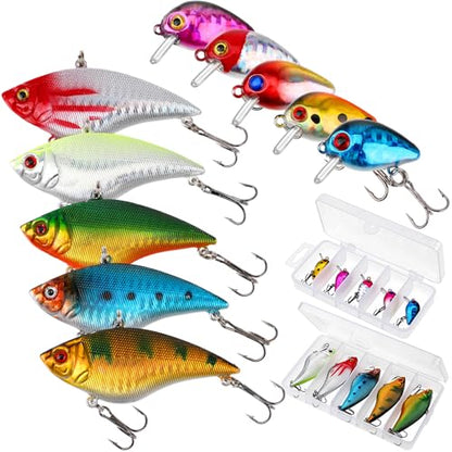 Skylety 10 Pieces Mini Fishing Lures Fishing Hard Baits Hooks Crankbaits Lures Baits Topwater Strong Sound for More Bites Freshwater Saltwater Trout Bass Perch with Box - style: Fish
