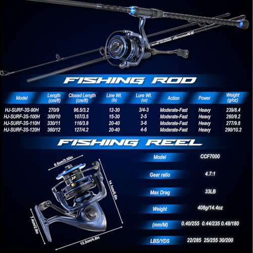 SOUGAYILANG Surf Fishing Rod and Reel Combo, Heavy 3-Piece Travel Spinning Rod with Reel for Red Drum, Striped Bass, Beach & Saltwater Fishing(9'/10'/11'/12') - color: blue, size: 10ft