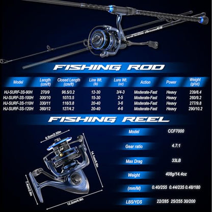 SOUGAYILANG Surf Fishing Rod and Reel Combo, Heavy 3-Piece Travel Spinning Rod with Reel for Red Drum, Striped Bass, Beach & Saltwater Fishing(9'/10'/11'/12') - color: blue, size: 10ft