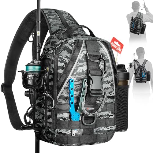 Piscifun Fishing Backpack with Rod Holder, Lightweight Sling Bag Storge Gear and Equipment - color: Black Camouflage, size: Standard, style: Latch