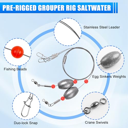 SILANON Pre-Rigged Carolina rig Saltwater Grouper Rig Egg Sinker Flounder Rigs with 10 Circle Hooks Steel Wire Leader for Catfish Snapper Flounder Halibut Redfish Surf Fishing Bottom Rig - size: 1.5oz Egg sinker Rig(4pcs)+Circle hooks(10pcs)