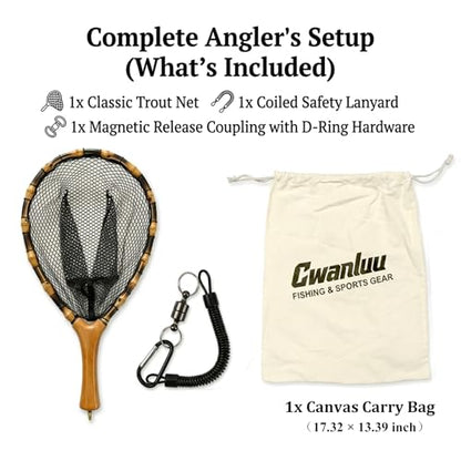 Floating Handcrafted Bamboo Fly Fishing Landing Net, Solid Wood Handle, Soft Rubber Coated Mesh for Trout, Kayak & Stream Fishing, Includes Magnetic Release & Safety Lanyard - size: Large, style: Straight Handlebar