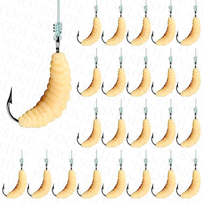 Bluegill Bait 24 Rubber Maggots with Hooks #10 Crappie Trout Panfish Lures | 24 Hooks + 24 Worms | Wax Worm Lure Grubs | Small Hook Micro Jig Soft Bait for Panfish Crappie | Freshwater Fishing Kit