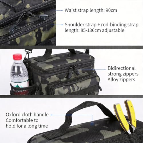 Oxford Fishing Tackle Bag, Water-Resistant Portable Multi-Pocket Fishing Gear Backpack for Anglers, with Rod Holder & Shoulder Strap