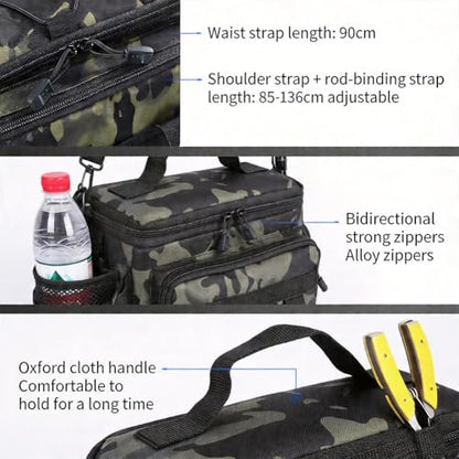 Oxford Fishing Tackle Bag, Water-Resistant Portable Multi-Pocket Fishing Gear Backpack for Anglers, with Rod Holder & Shoulder Strap