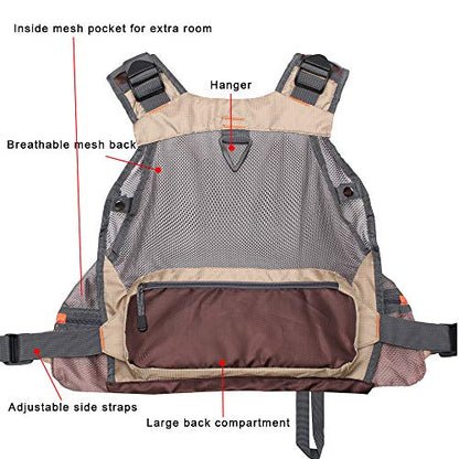 Waxaya Lightweight Fly Fishing Vest with Multi Pockets Adjustable Size Mesh Fishing Backpack for Men and Women - color: Khaki