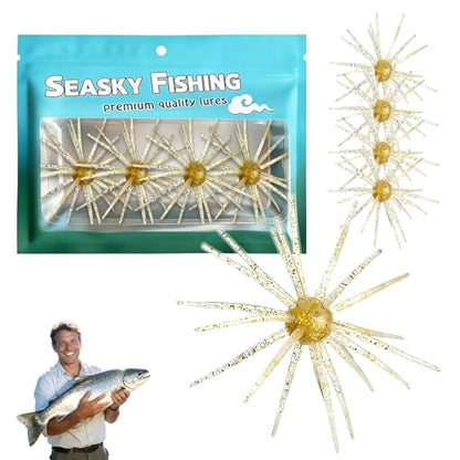 4Pcs Dice Bait, Floating TPR Swimbait with Reflective Stars,Tentacle Creature Lure, Sea Urchin Style Soft Plastic Baits, for Bass Fishing Drop Shot, Wacky Rig/Neko Rig and Finesse, Slow Sinking - color: Gold(L), size: 11cm/4.33inch