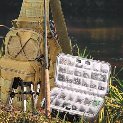 397 Pcs Fishing Accessories Kit Tools Include Backpack Fishing Tackle Box with Hooks Weights Sinkers Spinner Blade Gear - color: Khaki, size: Simple Style