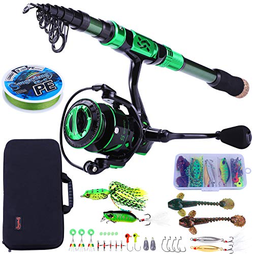 Sougayilang Fishing Rod and Reel Set Carbon Fiber Telescopic Fishing Rod 12+1BB Spinning Reel with Carry Case for Saltwater Freshwater - color: green, size: 5.91 ft - 2000