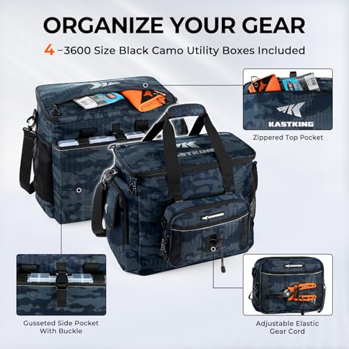 KastKing BaitSpace Fishing Tackle Bag With 4 Tackle Boxes & Removable Bait Binder, Water-Resistant Tackle Storage, Durable Fishing Gear, Adjustable Shoulder Strap - color: F: Blue Camo, size: Large - 4*3600 Trays