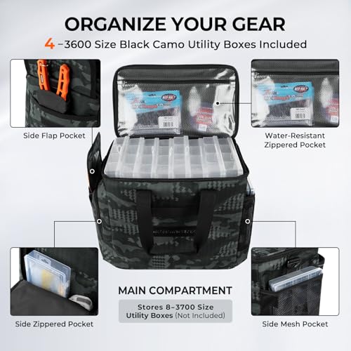 KastKing BaitSpace Fishing Tackle Bag With 4 Tackle Boxes & Removable Bait Binder, Water-Resistant Tackle Storage, Durable Fishing Gear, Adjustable Shoulder Strap - color: D: Black Camo, size: Large - 4*3600 Trays