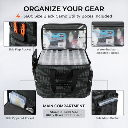 KastKing BaitSpace Fishing Tackle Bag With 4 Tackle Boxes & Removable Bait Binder, Water-Resistant Tackle Storage, Durable Fishing Gear, Adjustable Shoulder Strap - color: D: Black Camo, size: Large - 4*3600 Trays
