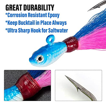 Dr.Fish 3 Pack Bucktail Jig Lure Hair Jig Saltwater Freshwater Lures Surf Fishing Bass Flounder Striper Bluefish Halibut Redfish - color: white,white&black,blue&pink (Pack of 3), size: 1 oz