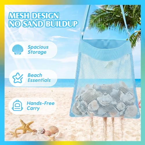 VioraWhite 2 Pcs Extra Large 14 x 16inch Clam Mesh Chum Beach Bags for Seashells Clams Treasures Sand Away Foldable Shell Collection Bags with Adjustable Straps (Blue) - color: Blue