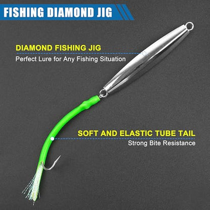 Diamond Jig Saltwater Fishing Lures Casting Jigging Spoon with Tube Tail Stainless Steel Hooks Trolling Lures Striped Bass Metal Jig for Deep Sea Surf Fishing Bottom Dragging Sinking - color: Green, size: 4 oz