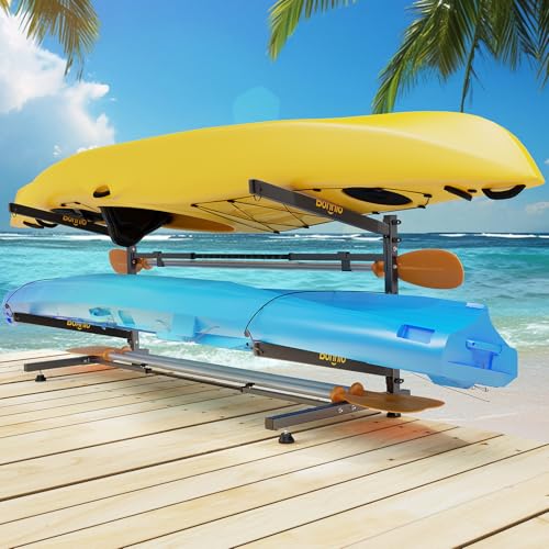 Bonnlo Kayak Storage Rack, Adjustable Heavy Duty Kayak Rack for Kayaks Paddle Boards, Kayak Paddle Holder for Garage, Spacesaver, Gentle on Padding, Boat Organizer - style: 2 Kayaks, Free Standing