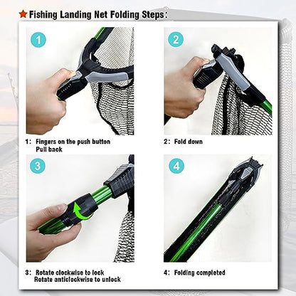 Fiblink Folding Aluminum Fishing Landing Net Fish Net with Extending Telescoping Pole Handle - size: Green:59-118 inches--(Extend Length)