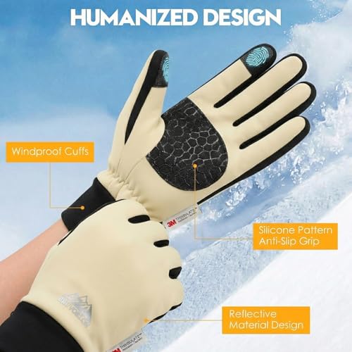 Bruvoalon Winter Gloves for Women & Men, 3M Thermal Insulation, Lycra Fabric, Touchscreen, Anti-Slip - color: Beige, size: X-Small