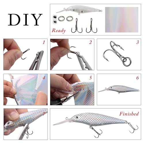 Blank Fishing Lure Kit,Unpainted Popper Plug Lures DIY Crank Bait Set Fishing Pliers Treble Hooks 3D/4D Lure Eyes Bait Sticker Split Rings,Fish Tackle Accessories Kits - color: Lure Kit-10pcs