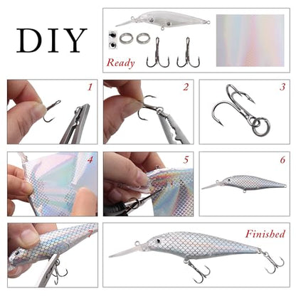Blank Fishing Lure Kit,Unpainted Popper Plug Lures DIY Crank Bait Set Fishing Pliers Treble Hooks 3D/4D Lure Eyes Bait Sticker Split Rings,Fish Tackle Accessories Kits - color: Lure Kit-10pcs