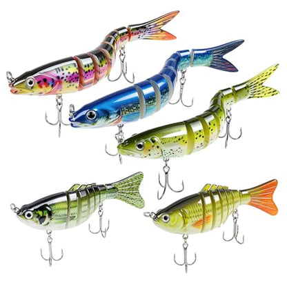 Slow Sinking Fishing Lures, 5Pcs Multi-Jointed Swim Baits for Freshwater & Saltwater, 7/8 Segmented Hard Lures, Heavy-Duty Fiber Jointed Glide Baits for Bass Musky Trout Crappie Pike