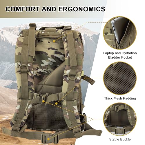 Hannibal Tactical MOLLE Assault Backpack, Tactical Backpack Military Army Camping Rucksack, 3-Day Pack Trip w/USA Flag Patch, D-Rings Cp - color: Camouflage
