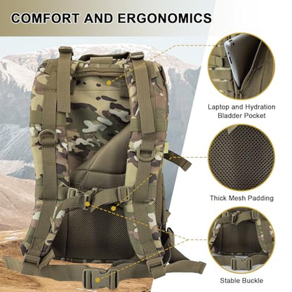 Hannibal Tactical MOLLE Assault Backpack, Tactical Backpack Military Army Camping Rucksack, 3-Day Pack Trip w/USA Flag Patch, D-Rings Cp - color: Camouflage