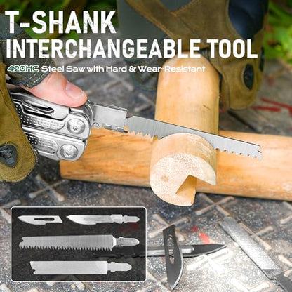 BIBURY Multitool Pliers Pro BI2049, EDC Multi Tool with 90HRA Replaceable YG12 Tungsten Wire Cutters, 440A Knife, T-Shank Wood Saw & Scissors, EDC Gear for Camping Hiking, Fathers Day Gift for Men - color: Silvery