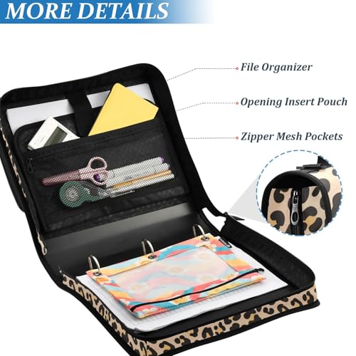Brown Leopard Zipper Binder Bag 3 Ring with Shoulder Strap Zippered Binder Fits 13 Inch Laptop File Folder Document Organizer for College Office Supplies - color: Brown Leopard