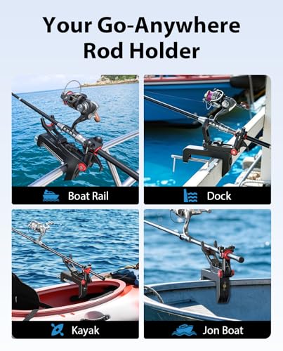 Clamp On Fishing Rod Holder for Boat Canoe Pontoon Kayak Dock | 360° Adjustable, Heavy Duty, Round & Square Rail Mount, Saltwater Safe - color: Rod Holder- 4 Pack