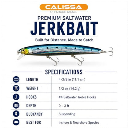 Calissa Offshore Tackle 110mm and 140mm California Inshore Fishing - Special Jerkbait Crankbait Surf Flash Fishing Salt Pro Lure Minnow Zebra MS Metallic Sardine Glow - size: 110mm, style: Chrome Sardine
