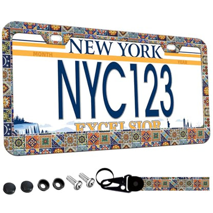 1-Pack Mexican Tiles License Plate Frames for Women Man, 2 Holes Mandala Boho Aluminum License Plate Holder,License Plate Cover fits Vehicles 12.3" x 6.3" with Keychain Wrist Lanyard - color: Boho Mandala Mexican Tiles, size: 1PCS