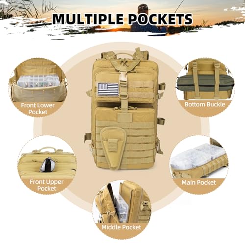 TBNBO 45l Large Fishing Tackle Backpack with Removable Plier Holder & Rod Holders, Khaki Tactical Bag, Fishing Gear and Tackle Box Organizer, Hiking Rucksack without Tackle Box - color: Khaki