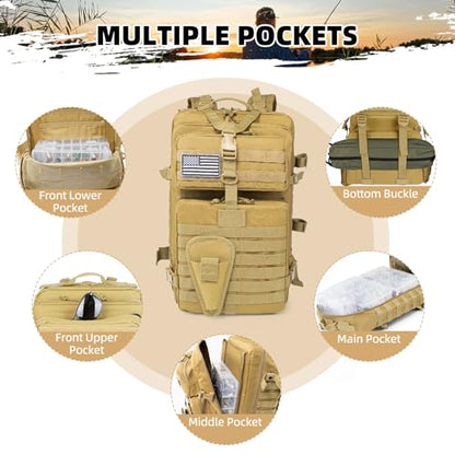 TBNBO 45l Large Fishing Tackle Backpack with Removable Plier Holder & Rod Holders, Khaki Tactical Bag, Fishing Gear and Tackle Box Organizer, Hiking Rucksack without Tackle Box - color: Khaki