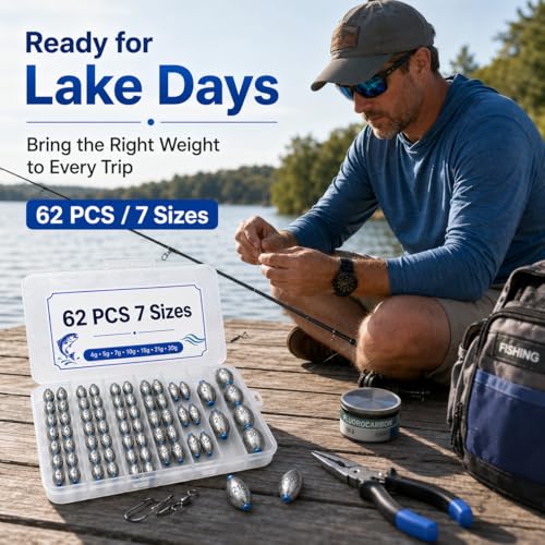Egg Sinkers Fishing Weights Kit, 40/62pcs 6/7 Sizes Egg Sinker Assortment 1/8-1 oz, Slip Sinkers for Saltwater Freshwater Bass Catfish Fishing, Smooth Bore Lead Sinkers Weights with Tackle Box - size: 62 pcs / 7 Sizes