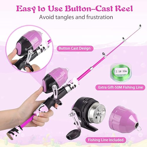 Milerong Kids Fishing Rod, Kids Fishing Pole Portable Telescopic Fishing Rod and Reel Combo Kit for Boys, Girls, Youth - with Spincast Fishing Reel, Fishing Tackles, Fishing Lures, Fishing Lines - color: Pink Fishing Rod Set 1.2m