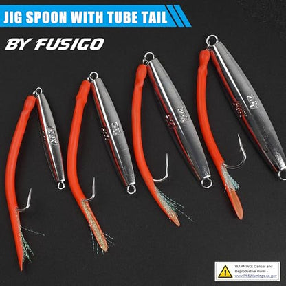 Diamond Jigs Saltwater Fishing Lures, 2Pack Casting Jigging Spoon with Tube Tail Striped Bass Metal Jig Spoons Deep Sea Offshore Surf Fishing 1oz-4oz - size: 4 Ounce, style: Red Tube, 2pack