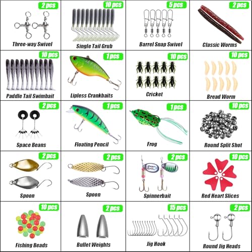 Fishing Lures, 110Pcs Tackle Box with Tackle Included, Crankbaits, Spoon, Frogs, Minnows, Worm Bait, Hooks, Weights & Other Accessories, Freshwater Lure Kit for Bass Walleye Trout