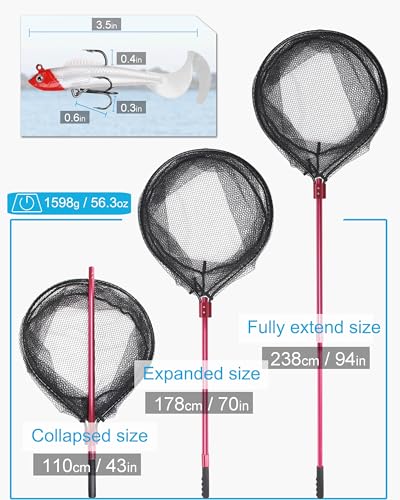 Large Rubber Fishing Net Heavy Duty Extra Large Aluminum Landing Net for Saltwater Fish Net Telescoping Handle with 6pcs Soft Jig Swimbait, Extends to 72-94in