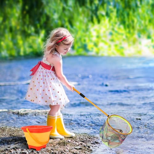 Kids Fishing Net, 2 Pack Telescopic Landing Nets with Aluminum Pole Handle, Collapsible Bucket Sand Pail, Butterfly Net, Fishing Net for Youth, Outdoor Playing - color: Blue and Orange