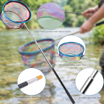 2PCS Fishing Net with Bucket, Telescopic Fishing Landing Net, Collapsible Youth Sand Bucket, Youth Fish Butterfly Catching for Freshwater Saltwater Outdoor Activities - color: Blue + Purple