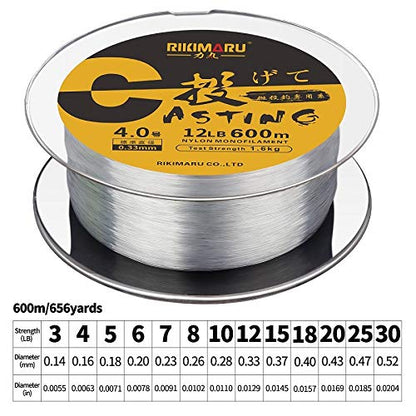 RIKIMARU Premium Monofilament Fishing Line-Strong and Abrasion Resistant Mono Line-Superior Nylon Material Fishing Line - color: Clear, size: 660Yds/0.26mm/8LB