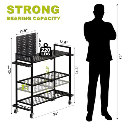 Fishing Rod Holders for Garage, Fishing Rod Stand with Wheels and Pegboard, 3-Tier Pole Storage Rack with 8 Hooks and 12 Rod Slots, Ideal for Tackle, Backpacks, and Gear - color: Black